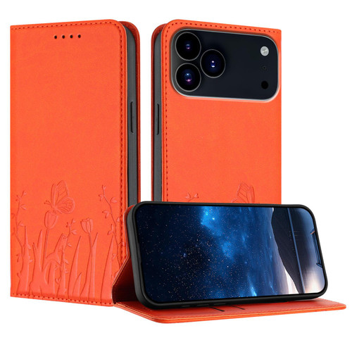 iPhone 17 Pro Max Tulips Butterfly Pattern Magnetic Vegan Leather Phone Case - Orange