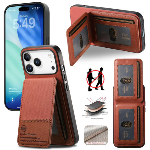 iPhone 17 Pro Max Twill Fabric Leather Vertical Flip RFID Card Bag Phone Case - Brown