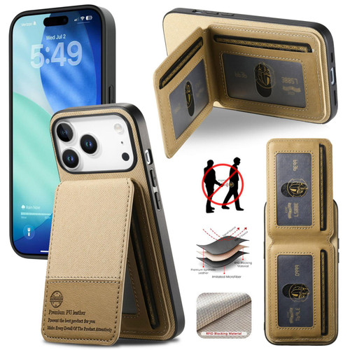 iPhone 17 Pro Max Twill Fabric Leather Vertical Flip RFID Card Bag Phone Case - Khaki