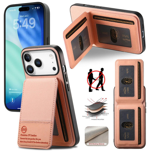 iPhone 17 Pro Max Twill Fabric Leather Vertical Flip RFID Card Bag Phone Case - Pink