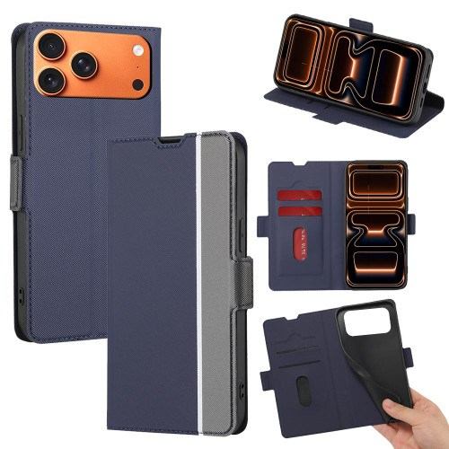 iPhone 17 Pro Max Twill Texture Side Button Leather Phone Case - Blue