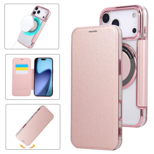 iPhone 17 Pro Max Ultra-thin Magnetic Plating Vegan Leather Phone Case - Rose Gold