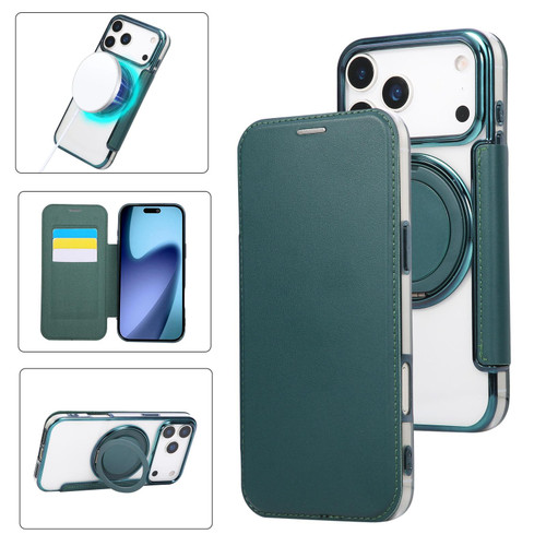 iPhone 17 Pro Max Ultra-thin Rotation Holder Magnetic Plating Vegan Leather Phone Case - Blackish Green