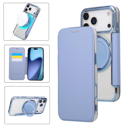 iPhone 17 Pro Max Ultra-thin Rotation Holder Magnetic Plating Vegan Leather Phone Case - Sierra Blue