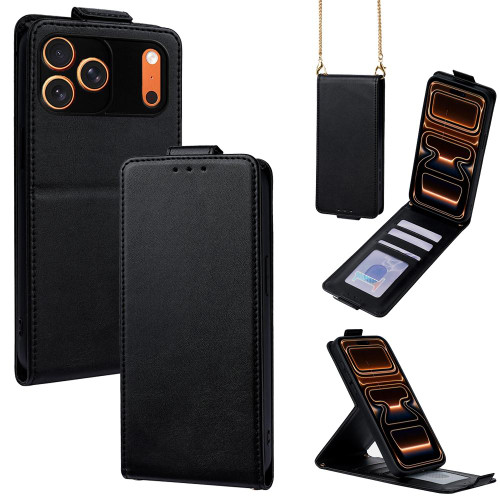iPhone 17 Pro Max Vertical Flip Cover Solid Color Vegan Leather Phone Case with Crossbody Chain - Black