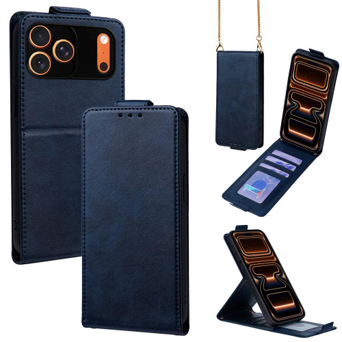 iPhone 17 Pro Max Vertical Flip Cover Solid Color Vegan Leather Phone Case with Crossbody Chain - Blue