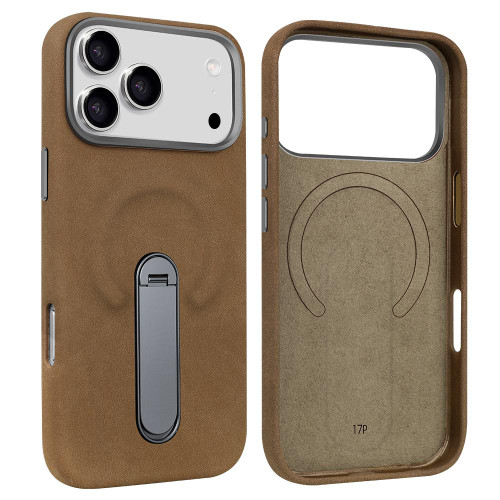 iPhone 17 Pro Max VIETAO Suede MagSafe PU Leather Phone Case with Holder - Dark Brown