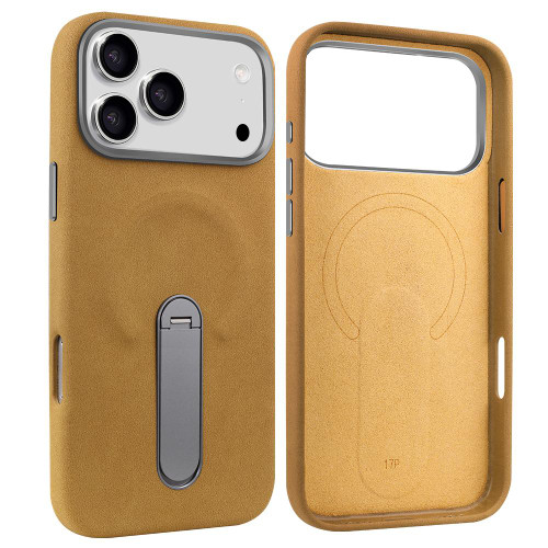 iPhone 17 Pro Max VIETAO Suede MagSafe PU Leather Phone Case with Holder - Light Brown