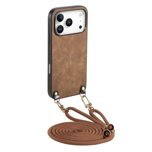 iPhone 17 Pro Max Vintage Leather PC Back Cover Phone Case with Crossbody Strap - Brown