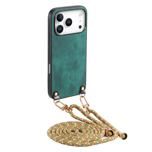 iPhone 17 Pro Max Vintage Leather PC Back Cover Phone Case with Crossbody Strap - Green