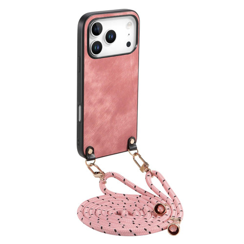 iPhone 17 Pro Max Vintage Leather PC Back Cover Phone Case with Crossbody Strap - Pink