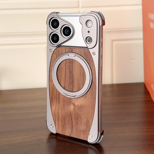 iPhone 17 Pro Max Walnut Metal Frameless 360 Degree Rotation Holder MagSafe Phone Case - Titanium Color