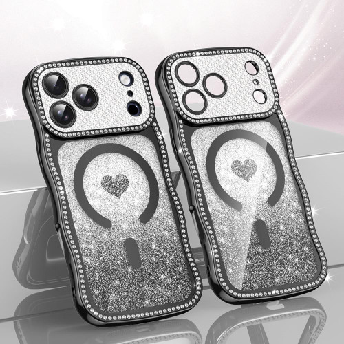 iPhone 17 Pro Max Wavy Frame Star Diamond Electroplate TPU Glitter Heart Magnetic Phone Case - Gradient Black
