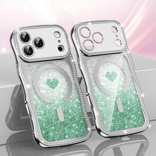 iPhone 17 Pro Max Wavy Frame Star Diamond Electroplate TPU Glitter Heart Magnetic Phone Case - Gradient Green