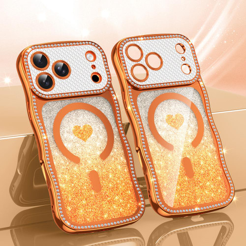 iPhone 17 Pro Max Wavy Frame Star Diamond Electroplate TPU Glitter Heart Magnetic Phone Case - Gradient Orange