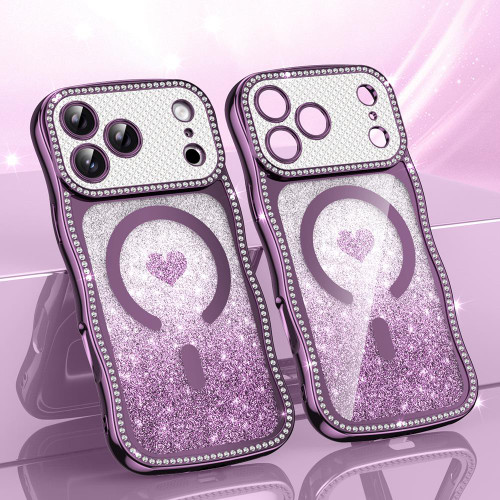 iPhone 17 Pro Max Wavy Frame Star Diamond Electroplate TPU Glitter Heart Magnetic Phone Case - Gradient Purple