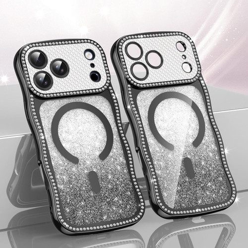 iPhone 17 Pro Max Wavy Frame Star Diamond Electroplate TPU Glitter Magnetic Phone Case - Gradient Black