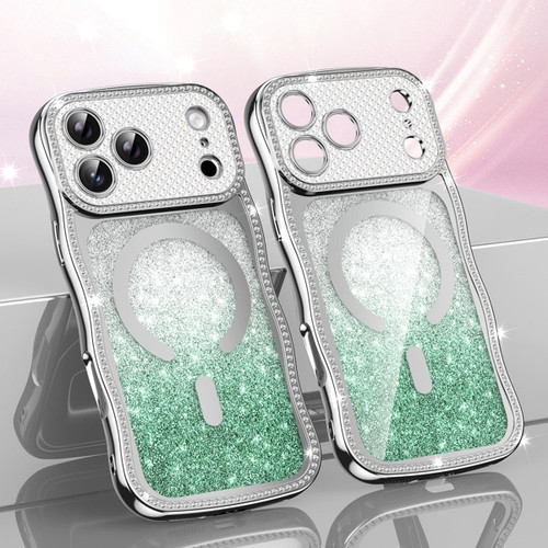 iPhone 17 Pro Max Wavy Frame Star Diamond Electroplate TPU Glitter Magnetic Phone Case - Gradient Green