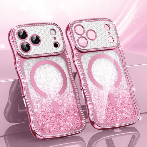 iPhone 17 Pro Max Wavy Frame Star Diamond Electroplate TPU Glitter Magnetic Phone Case - Gradient Pink