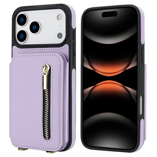 iPhone 17 Pro Max YM006 Skin Feel Zipper Card Bag Phone Case with Dual Lanyard - Light Purple