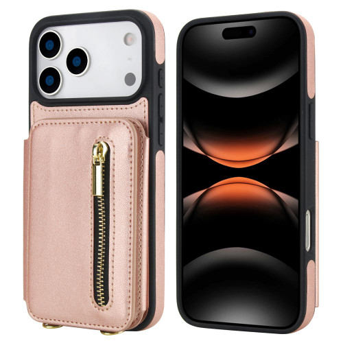 iPhone 17 Pro Max YM006 Skin Feel Zipper Card Bag Phone Case with Dual Lanyard - Rose Gold