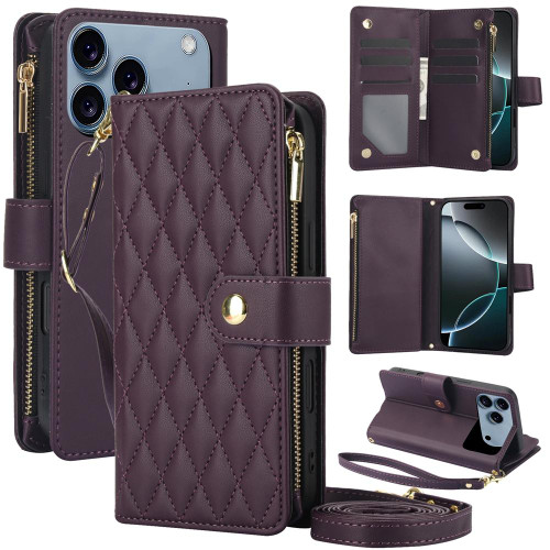iPhone 17 Pro Max YM016 Rhombic Zipper Card Wallet Leather Phone Case with Lanyard - Dark Purple