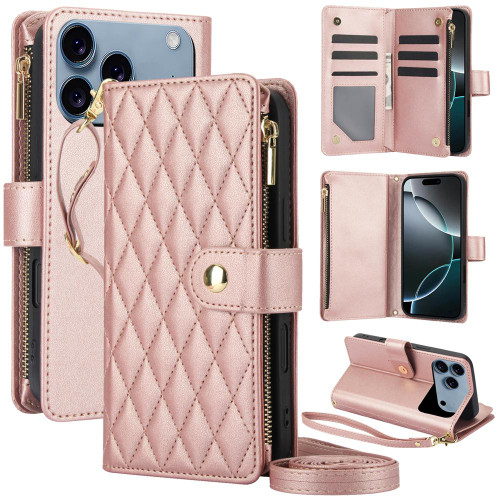 iPhone 17 Pro Max YM016 Rhombic Zipper Card Wallet Leather Phone Case with Lanyard - Rose Gold