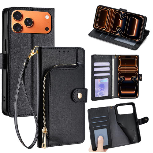 iPhone 17 Pro Max Zipper Bag Leather Phone Case - Black