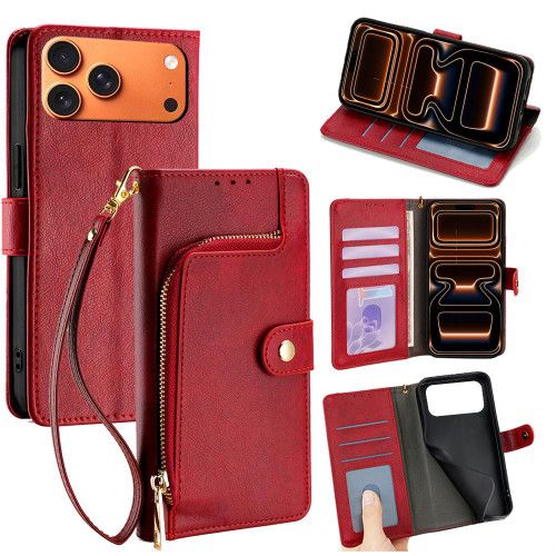iPhone 17 Pro Max Zipper Bag Leather Phone Case - Red