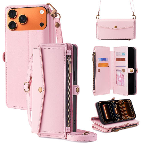 iPhone 17 Pro Max Zipper Wallet Side Buckle Crossbody Lanyard Leather Phone Case - Rose Gold