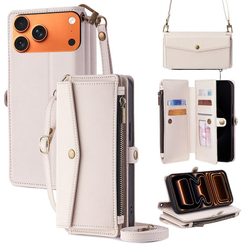 iPhone 17 Pro Max Zipper Wallet Side Buckle Crossbody Lanyard Leather Phone Case - White