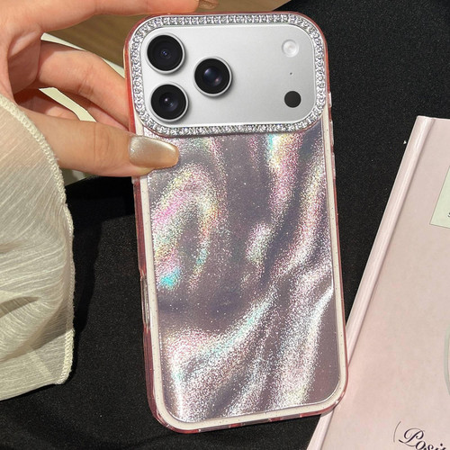 iPhone 17 Pro 3 in 1 Diamond Lens Frame Quicksand Pattern Phone Case - Pink
