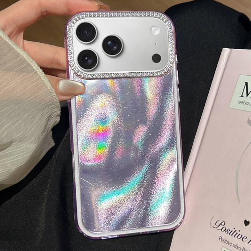iPhone 17 Pro 3 in 1 Diamond Lens Frame Quicksand Pattern Phone Case - Purple