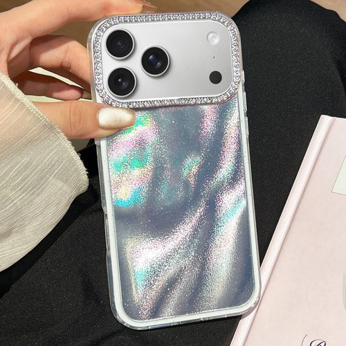 iPhone 17 Pro 3 in 1 Diamond Lens Frame Quicksand Pattern Phone Case - Silver