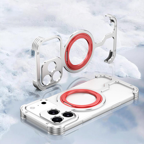 iPhone 17 Pro Armor Alloy Frameless MagSafe Magnetic Bracket Heat Dissipation Metal Phone Case - Silver Red
