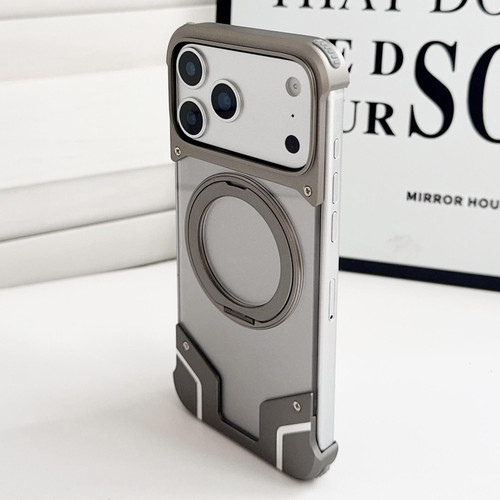 iPhone 17 Pro Armor Original Color Metal Frameless 360 Rotation Holder Magnetic Phone Case - Titanium Color