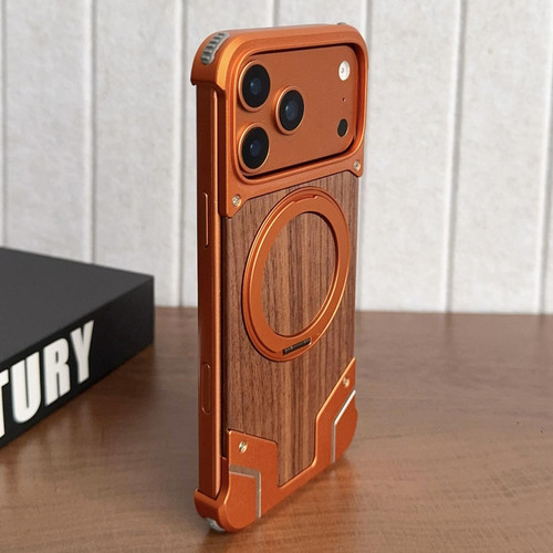 iPhone 17 Pro Armor Walnut Wood Metal Frameless 360 Rotation Holder Magnetic Phone Case - Orange