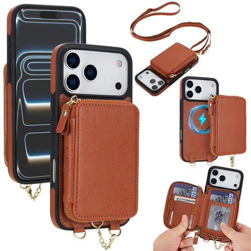 iPhone 17 Pro AwQuer 2 in 1 Crossbody Zipper Wallet Leather Back Phone Case - Brown