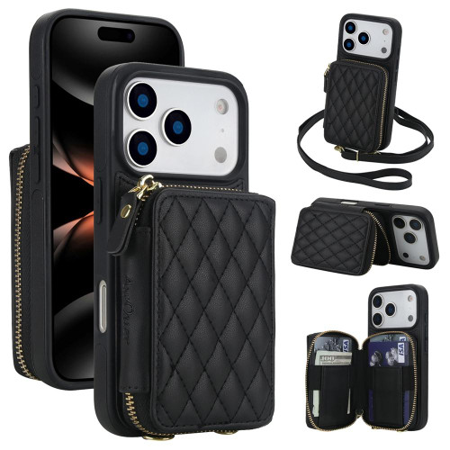 iPhone 17 Pro Max AwQuer Crossbody Zipper Wallet Rhombic Leather