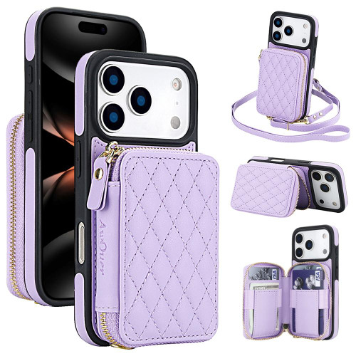 iPhone 17 Pro Max AwQuer Crossbody Zipper Wallet Rhombic Leather