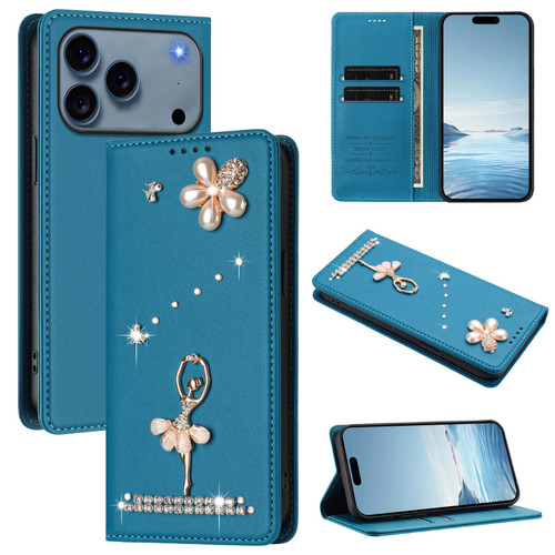 iPhone 17 Pro Ballet Girl Diamond Studded RFID Vegan Leather Phone Case - Lake Blue