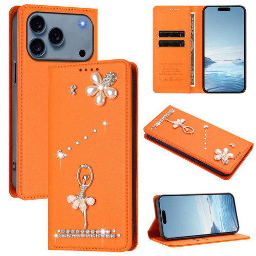 iPhone 17 Pro Ballet Girl Diamond Studded RFID Vegan Leather Phone Case - Orange