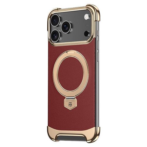 iPhone 17 Pro Borderless MagSafe Ring Holder Plain Leather Phone Case - Red