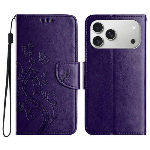 iPhone 17 Pro Butterfly Flower Pattern Flip Leather Phone Case - Dark Purple
