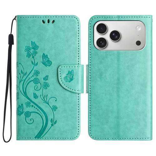 iPhone 17 Pro Butterfly Flower Pattern Flip Leather Phone Case - Green