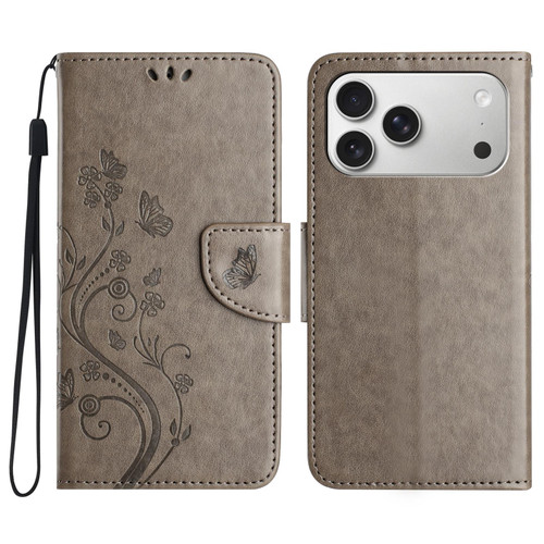 iPhone 17 Pro Butterfly Flower Pattern Flip Leather Phone Case - Grey