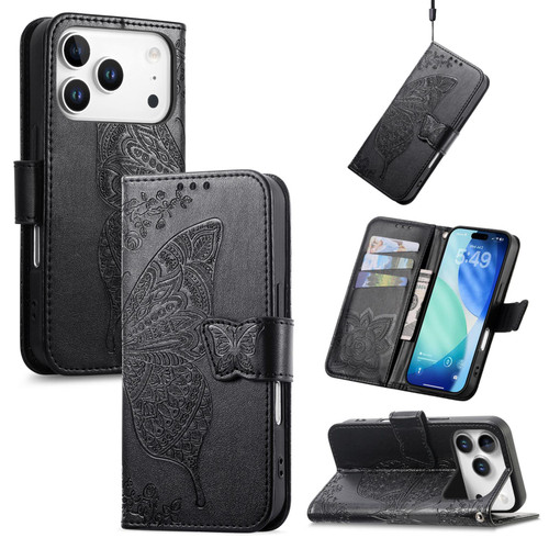 iPhone 17 Pro Butterfly Love Flower Embossed Leather Phone Case - Black