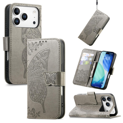 iPhone 17 Pro Butterfly Love Flower Embossed Leather Phone Case - Gray