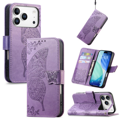 iPhone 17 Pro Butterfly Love Flower Embossed Leather Phone Case - Lavender