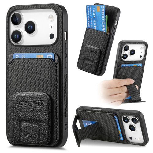 iPhone 17 Pro Carbon Fiber Card Bag Fold Stand Phone Case - Black